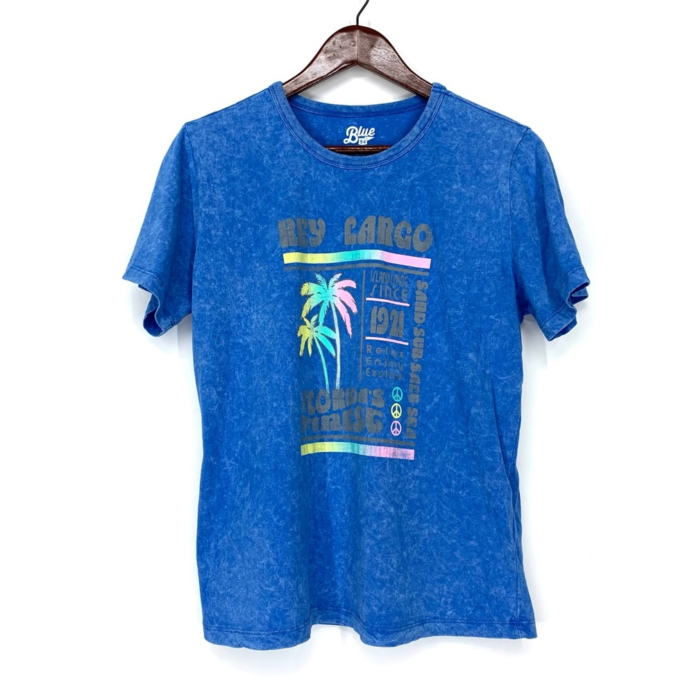 Blue 84 Key Largo Florida Blue Neon Palm Tree Graphic Short Sleeve Crewneck Tee